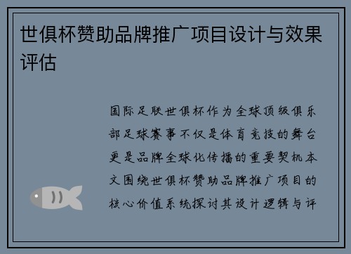 世俱杯赞助品牌推广项目设计与效果评估